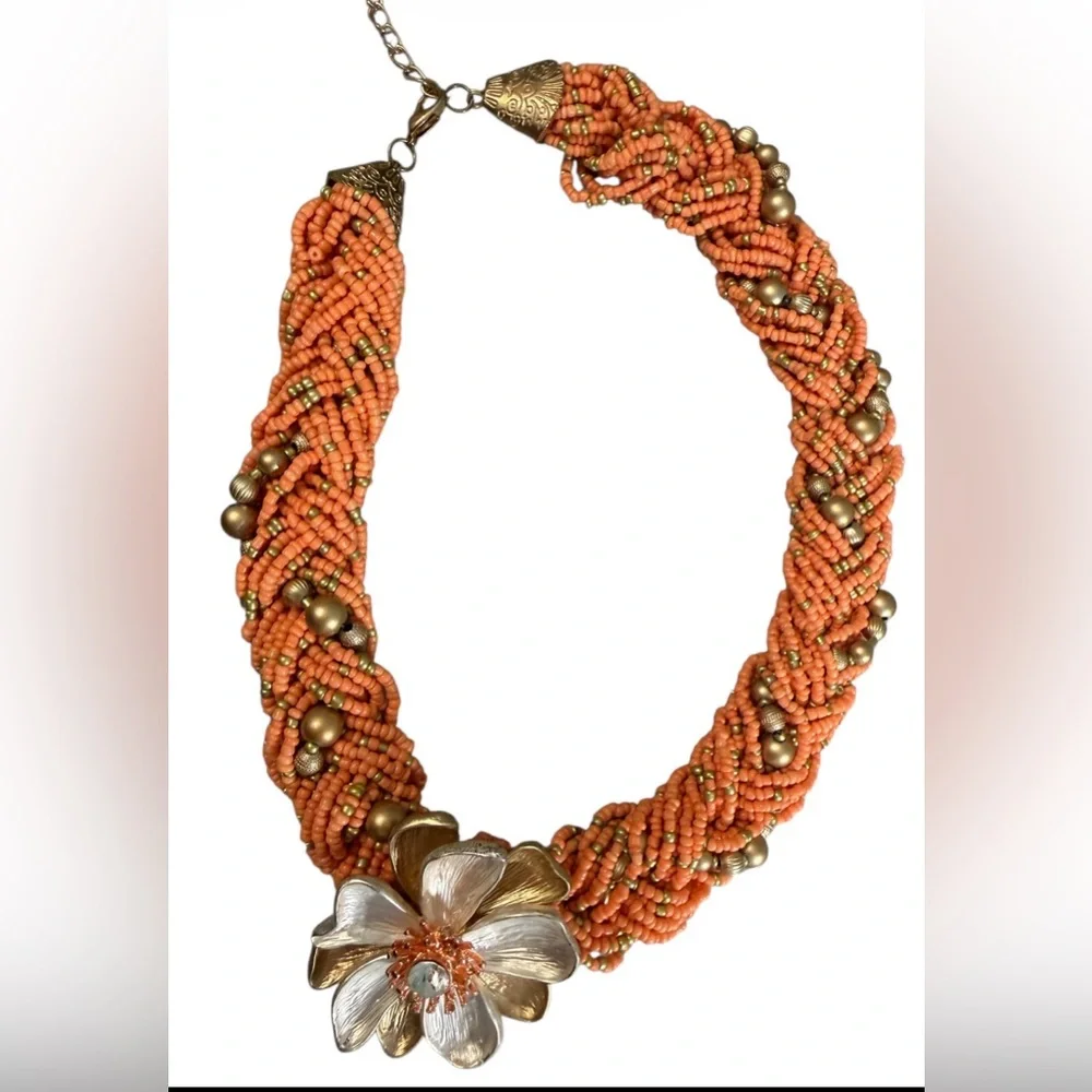 #764 Orange Beaded Statement Flower Necklace | Signed ✴️ Chunky Funky‎ & Bold ✴️